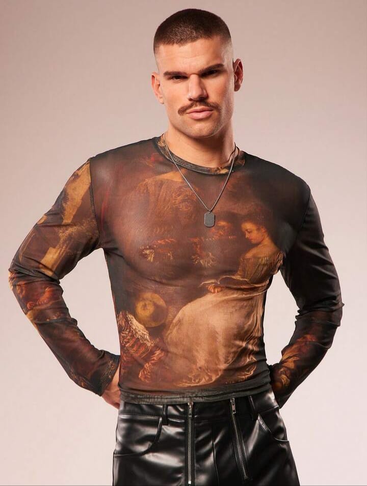 Men's Printed Floral Print Sheer Croppel Long Sleeve Tees